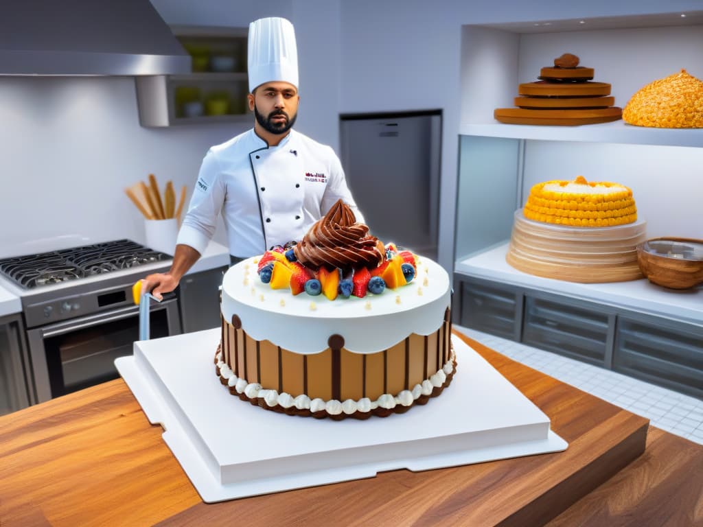  A photorealistic image of a beginner pastry chef in a modern kitchen, surrounded by advanced 3D design software tools specifically tailored for creating intricate and detailed pastry designs. The chef is focused on the screen, skillfully manipulating the software to craft a stunning 3D representation of a decorative cake, with vibrant colors and intricate details visible on the digital display. The background showcases shelves stocked with baking ingredients and tools, emphasizing the blend of traditional baking with cuttingedge technology in the world of 3D pastry design. hyperrealistic, full body, detailed clothing, highly detailed, cinematic lighting, stunningly beautiful, intricate, sharp focus, f/1. 8, 85mm, (centered image composition), (professionally color graded), ((bright soft diffused light)), volumetric fog, trending on instagram, trending on tumblr, HDR 4K, 8K