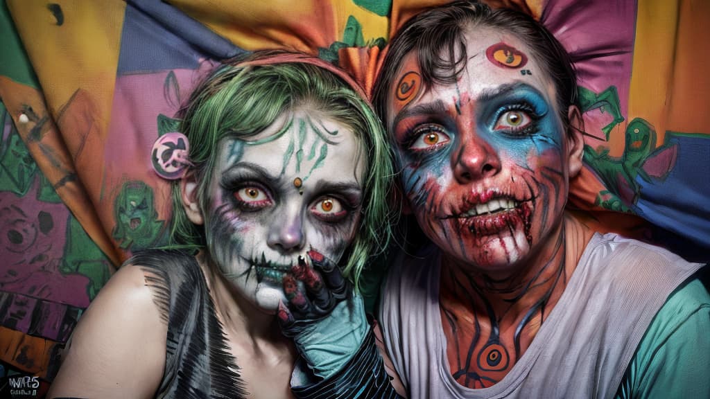  two zombies with playful expressions, face paint details transformed into zombie features, in the style of family friendly Halloween makeup, digital illustration, vibrant colors, 16:9 ar 16:9, high resolution, sharp focus, (perfect image composition), ((masterpiece)), (professionally color graded), ((bright soft diffused light))