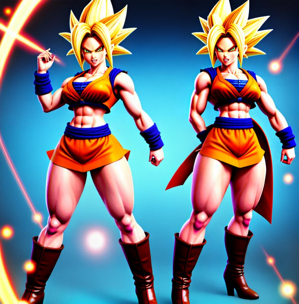  ((foto de cuerpo completo, pie plano, cuerpo recto)), ((laura {Super Super Saiyan mujer con grandes pechos})), ((lleva puesto son goku+Los disfraces de ella son extremadamente ajustados a su cuerpo.))