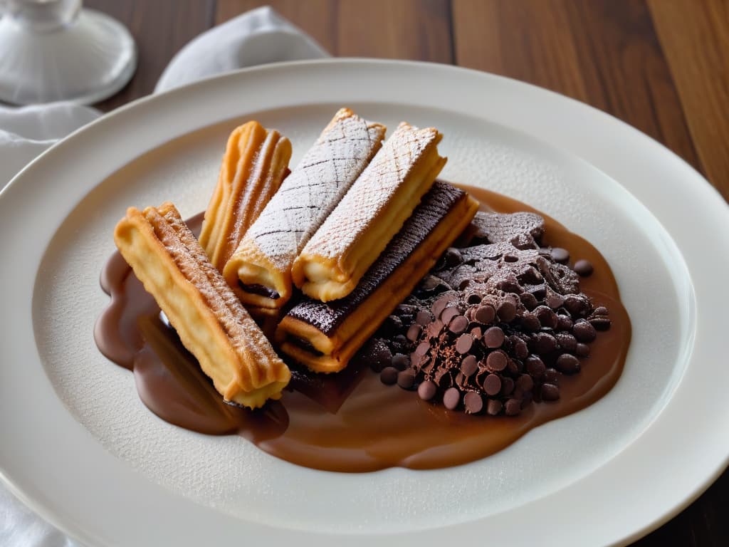  A closeup, ultradetailed image of freshly fried churros being filled with rich, gooey chocolate cream, showcasing the golden crispy exterior against the smooth, decadent filling. The churros are placed on a sleek, modern plate with a subtle reflection, emphasizing the contrast in textures and inviting the viewer to savor the moment of indulgence. hyperrealistic, full body, detailed clothing, highly detailed, cinematic lighting, stunningly beautiful, intricate, sharp focus, f/1. 8, 85mm, (centered image composition), (professionally color graded), ((bright soft diffused light)), volumetric fog, trending on instagram, trending on tumblr, HDR 4K, 8K