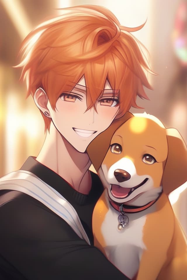  ((One handsome guy with a dog ear)) DOG BEAST, Masterpiece, Handsome, Orange Hair Color, Dog Earred, Kind Smile, Sturdy, High Quality, 8k,