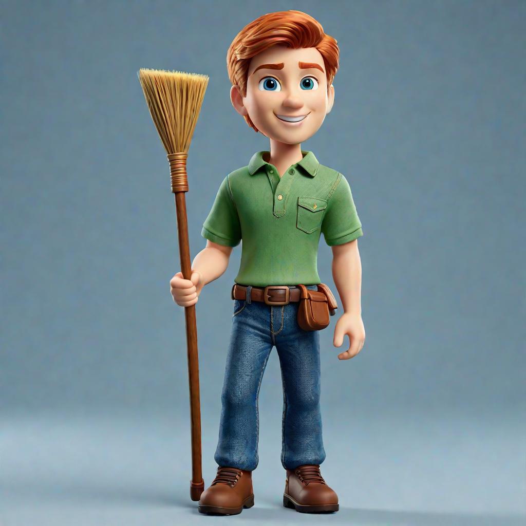  Create a cute 3D character of a boy with thin red hair and beard green eyes smiling holding a broomstick wearing blue denim polo shirt hyperrealistic, full body, detailed clothing, highly detailed, cinematic lighting, stunningly beautiful, intricate, sharp focus, f/1. 8, 85mm, (centered image composition), (professionally color graded), ((bright soft diffused light)), volumetric fog, trending on instagram, trending on tumblr, HDR 4K, 8K