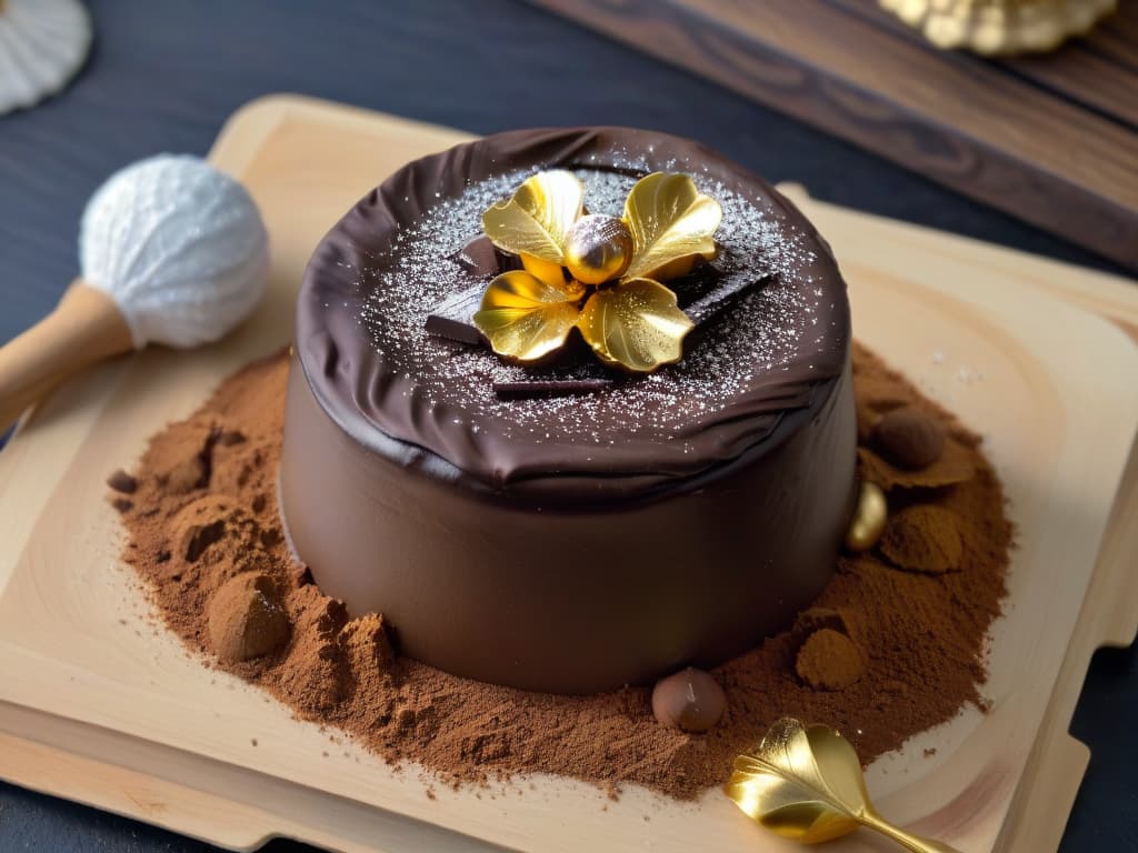  A closeup, photorealistic image of a shiny, perfectly round chocolate truffle coated in cocoa powder, with delicate flakes of gold leaf elegantly sprinkled on top. The truffle rests on a bed of rich, dark chocolate ganache, set against a backdrop of a rustic wooden table with scattered cocoa beans and a vintage silver spoon. The lighting is soft, highlighting the intricate details of the truffle's textured surface and the glistening gold accents, evoking a sense of luxury and indulgence. hyperrealistic, full body, detailed clothing, highly detailed, cinematic lighting, stunningly beautiful, intricate, sharp focus, f/1. 8, 85mm, (centered image composition), (professionally color graded), ((bright soft diffused light)), volumetric fog, trending on instagram, trending on tumblr, HDR 4K, 8K