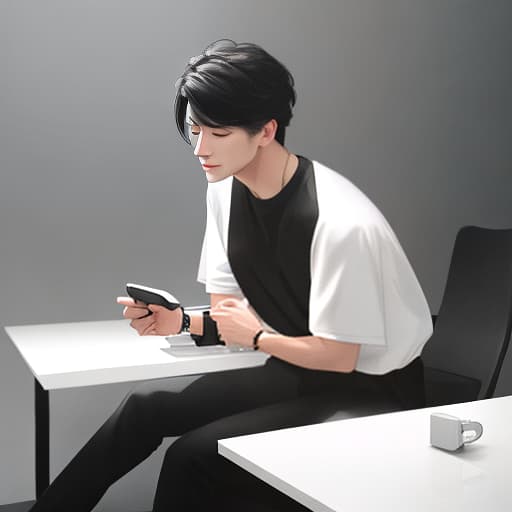  one boy animation are sitting in the chair near table and YouTube studio baground high lite and table on voice recorder and black t shirt, with white pant and black shoes hyperrealistic, full body, detailed clothing, highly detailed, cinematic lighting, stunningly beautiful, intricate, sharp focus, f/1. 8, 85mm, (centered image composition), (professionally color graded), ((bright soft diffused light)), volumetric fog, trending on instagram, trending on tumblr, HDR 4K, 8K