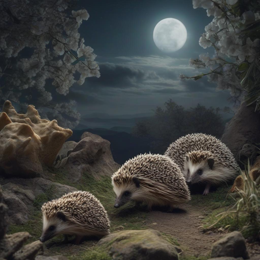  hedgehogs at night under the moon, the moon at night, hedgehogs hyperrealistic, full body, detailed clothing, highly detailed, cinematic lighting, stunningly beautiful, intricate, sharp focus, f/1. 8, 85mm, (centered image composition), (professionally color graded), ((bright soft diffused light)), volumetric fog, trending on instagram, trending on tumblr, HDR 4K, 8K