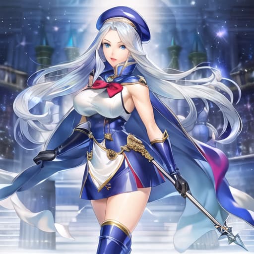  master piece , best quality,Silver blue hair,Beautiful lady, Blue eyes ,id hair,Put on a long cape coat ,Opera gloves, Panniers, Glamour lady,Red glossy lip, lady, sleeveless, Sensual lady , sleeveless sailor suit ,Color leather mini tiered fluffy, beret, ,Knee high boots, Magical 