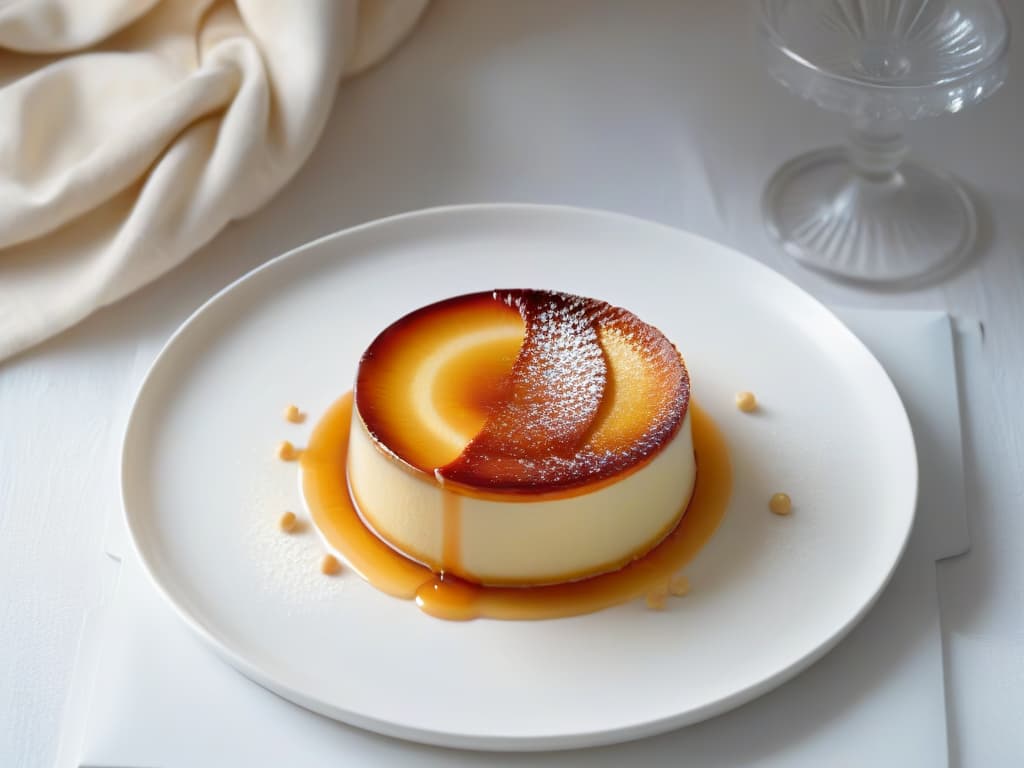  A minimalist and elegant image of a perfectly caramelized flan parisino resting on a delicate white porcelain plate, drizzled with a golden syrup, with a subtle dusting of powdered sugar on top. The flan is perfectly smooth and creamy, showcasing a flawless texture, set against a softfocus background that highlights its glossy surface and inviting presentation. hyperrealistic, full body, detailed clothing, highly detailed, cinematic lighting, stunningly beautiful, intricate, sharp focus, f/1. 8, 85mm, (centered image composition), (professionally color graded), ((bright soft diffused light)), volumetric fog, trending on instagram, trending on tumblr, HDR 4K, 8K