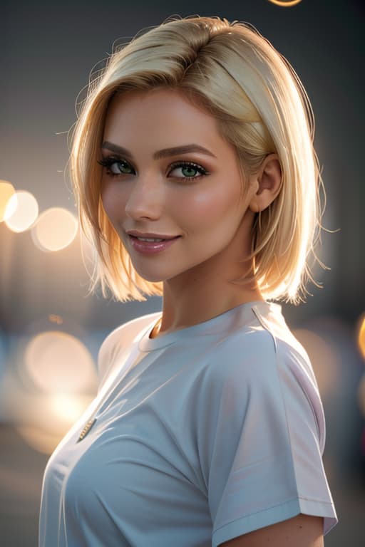  1girl,1girl,blonde short hair,straight hair,upper body shot,shirt,smile hyperrealistic, full body, detailed clothing, highly detailed, cinematic lighting, stunningly beautiful, intricate, sharp focus, f/1. 8, 85mm, (centered image composition), (professionally color graded), ((bright soft diffused light)), volumetric fog, trending on instagram, trending on tumblr, HDR 4K, 8K