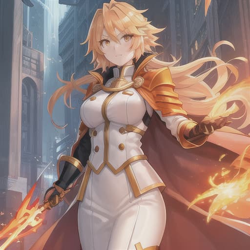  Warrior, Adult Woman, Blonde Fire Hair, Orange Eyes, White long tailcoat accented by Orange, Anime, Fantasy, high quality