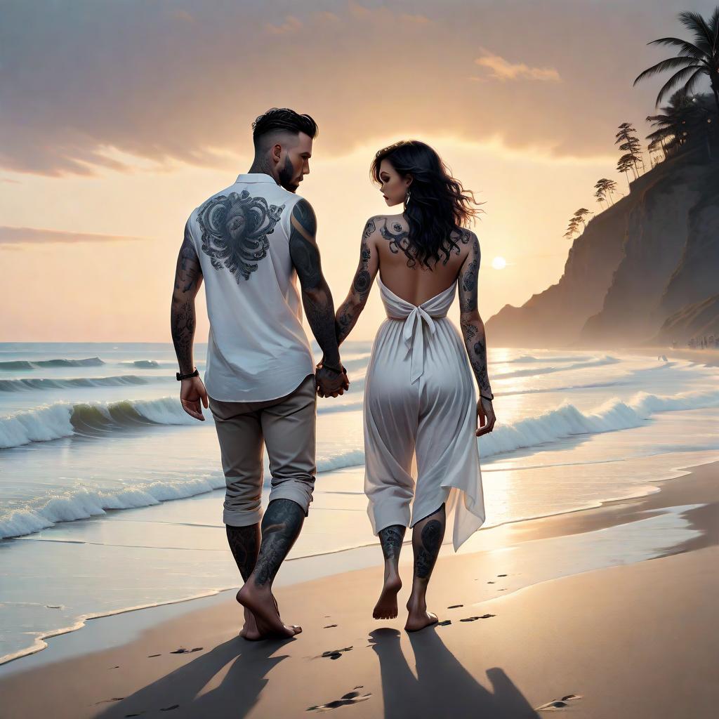  (best quality, masterpiece), (((high detail))), A handsome man with black tattoos and a cascading haircut holding hands with a model who is wearing a long white on down shirt and they are both walking on the beach facing the sunset by the beach when the waves touch them and see only the angle of their backs