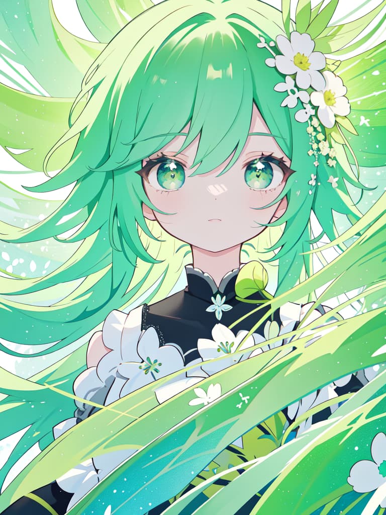  Green hair character with a large amount of colorful kinpei sugar, masterpiece, best quality,8k,ultra detailed,high resolution,an extremely delicate and beautiful,hyper detail