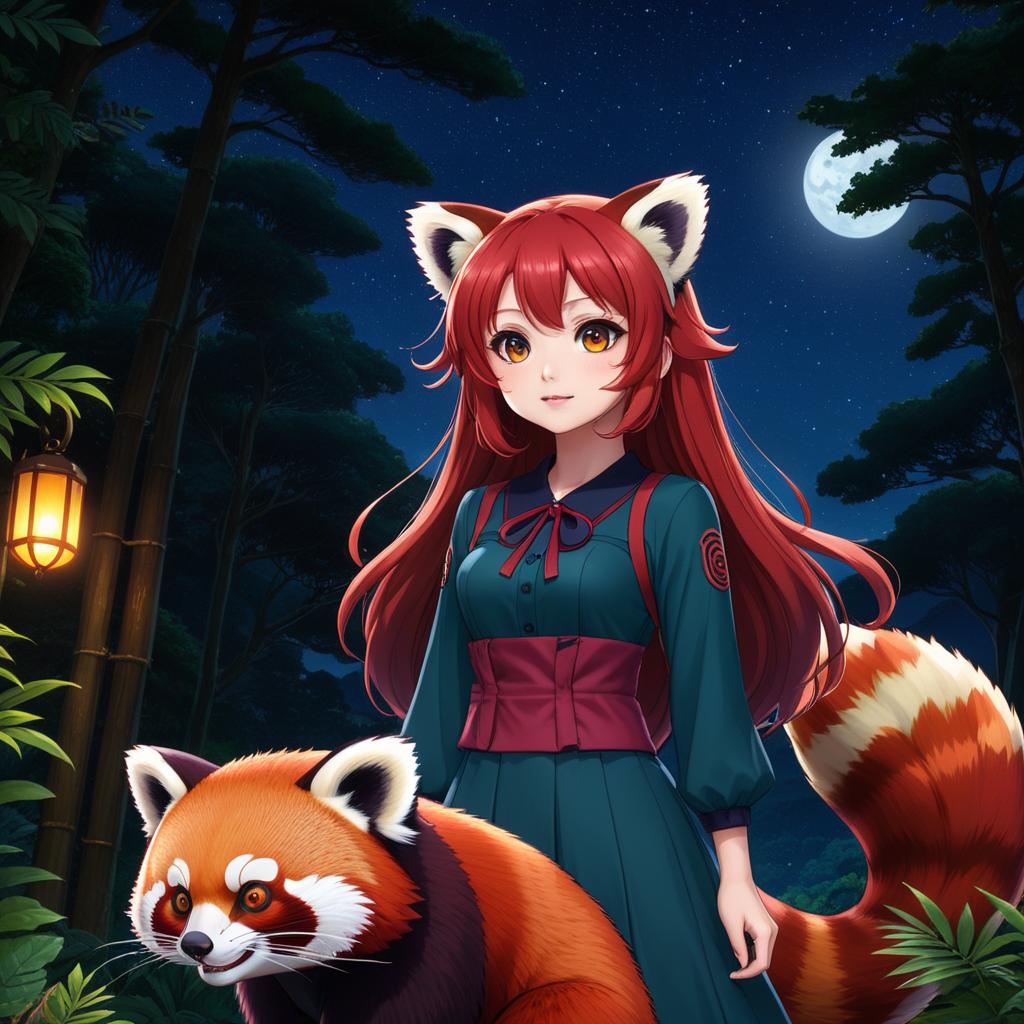  anime artwork - Girl with red hair, girl in green dress, visible pouch + Red panda nearby + bamboo forest at night, background full moon + anime + anime. . anime style, key visual, vibrant, studio anime,  highly detailed