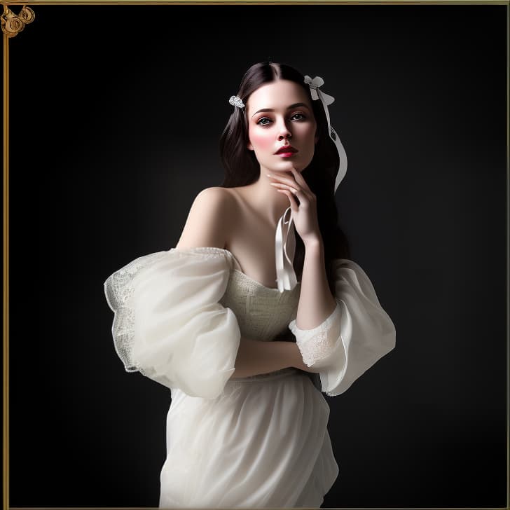 mdjrny-v4 style Create an avatar of a female character in a Victorian style. The character should be dressed in elegant Victorian era clothing, such as a bustle dress or a gown with lace and ruffles. Her hair should be styled in a Victorian fashion, such as an updo with curls or adorned with ribbons and flowers. She should have a refined posture and demeanor, reflecting the etiquette and sophistication of the Victorian era. Accessories like gloves, a parasol, or jewelry can be included to enhance her Victorian look. Need a corset. The background should depict a Victorian setting, such as a grand ballroom or a stately Victorian house, to complete the historical theme.