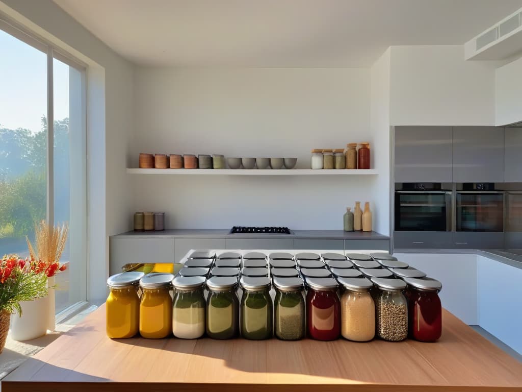  An ultradetailed, minimalist image of a sleek, modern kitchen with open shelves neatly organized with jars of colorful ingredients like flour, sugar, and spices. The sunlight streaming in through a large window highlights the textures and labels on each container, creating a visually appealing and organized space for cooking and baking. hyperrealistic, full body, detailed clothing, highly detailed, cinematic lighting, stunningly beautiful, intricate, sharp focus, f/1. 8, 85mm, (centered image composition), (professionally color graded), ((bright soft diffused light)), volumetric fog, trending on instagram, trending on tumblr, HDR 4K, 8K