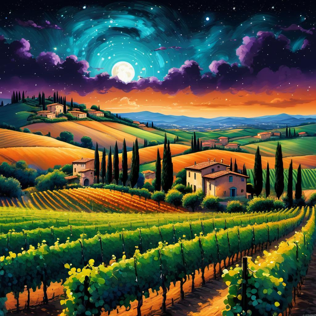  Vineyards in Tuscany, starry sky, clouds, vivid, highly detailed, by Hayao Miyazaki, hand-drawn, Midnight, whimsical, (enchanting atmosphere:1.1), warm lighting , depth of field, Wacom Cintiq, Adobe Photoshop, 300 DPI, (hdr:1.2), dark perple shadows, teal and orange