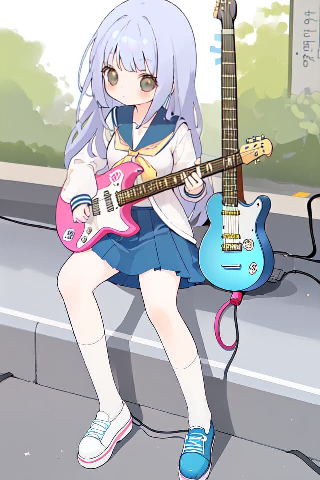  High school girl, mini character, cute, electric guitar, long hair, hanging, sitting on the ground, sailor suit, electric guitar, two heads