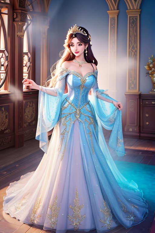  Create an illustration of a Disney princess. The background should feature a magical, dreamy kingdom, and the character should wear a glamorous dress with sparkling accessories. Capture the elegance and beauty typical of a Disney princess hyperrealistic, full body, detailed clothing, highly detailed, cinematic lighting, stunningly beautiful, intricate, sharp focus, f/1. 8, 85mm, (centered image composition), (professionally color graded), ((bright soft diffused light)), volumetric fog, trending on instagram, trending on tumblr, HDR 4K, 8K