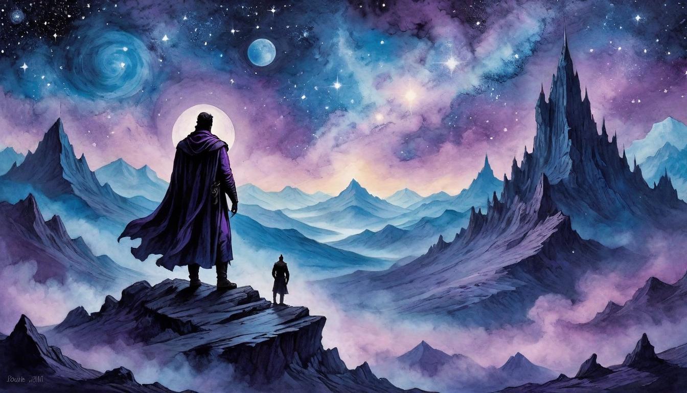  on parchment, surrealism+++, A lone figure standing atop a high peak, silhouetted against a cosmic backdrop of stars and nebulae, gaze fixed upon the horizon, cloaked in midnight blues and purples, sense of awakening, purposeful solitude(mysterious, provocative, symbolic,muted color)+++