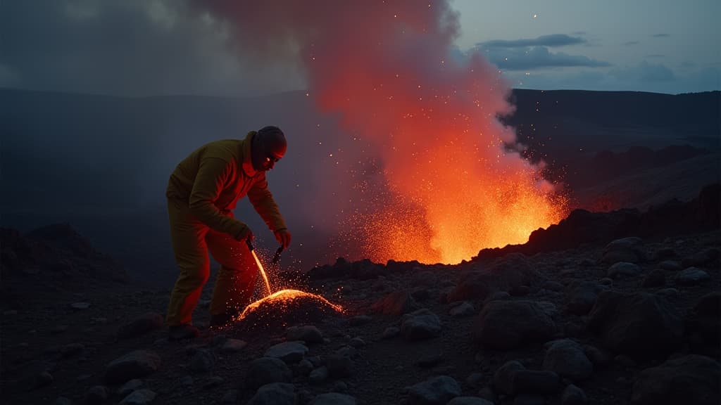  good quality, high quality, volcanologist collecting lava sample during active eruption for geological research analysis. concept volcanology fieldwork, active eruption research, lava sample collection