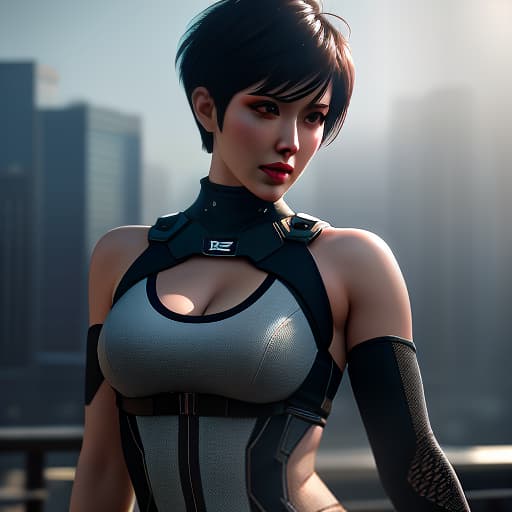  ually anime with gun. Short pixie cut hair. Athletic body. Wearing tanks. Full height. Bright and high quality eyes! Large s. Background: closed city., shot 35 mm, realism, octane render, 8k, trending on artstation, 35 mm camera, unreal engine, hyper detailed, photo realistic maximum detail, volumetric light, realistic matte painting, hyper photorealistic, trending on artstation, ultra detailed, realistic hyperrealistic, full body, detailed clothing, highly detailed, cinematic lighting, stunningly beautiful, intricate, sharp focus, f/1. 8, 85mm, (centered image composition), (professionally color graded), ((bright soft diffused light)), volumetric fog, trending on instagram, trending on tumblr, HDR 4K, 8K