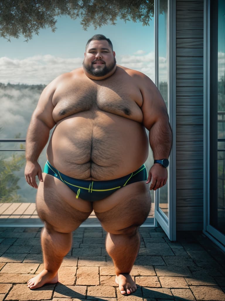  Draw a 250 pound fat man in a swimsuit hyperrealistic, full body, detailed clothing, highly detailed, cinematic lighting, stunningly beautiful, intricate, sharp focus, f/1. 8, 85mm, (centered image composition), (professionally color graded), ((bright soft diffused light)), volumetric fog, trending on instagram, trending on tumblr, HDR 4K, 8K