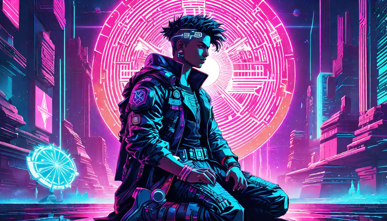  vaporwave,cyberpunk game style A figure kneeling with a celestial barrier surrounding them, symbols of light emanating, pure and unwavering faitheon, dystopian, futuristic, digital, vibrant, detailed, high contrast, reminiscent of cyberpunk genre video games,retro aesthetic, cyberpunk, vibrant, neon colors, vintage 80s and 90s style, highly detailed