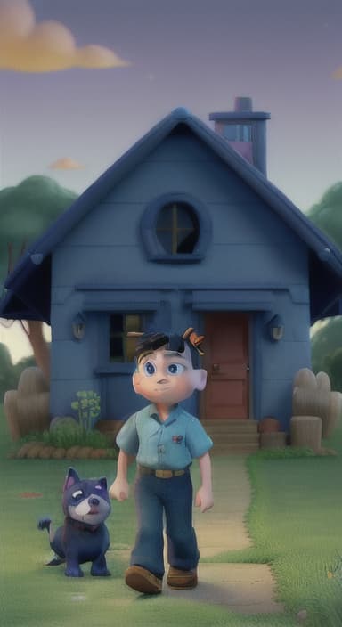  {Max walking back towards the cozy little house with droopy eyes, as twilight falls, The big blue dog is large with sky blue fur, big round eyes, a black nose, and floppy ears.