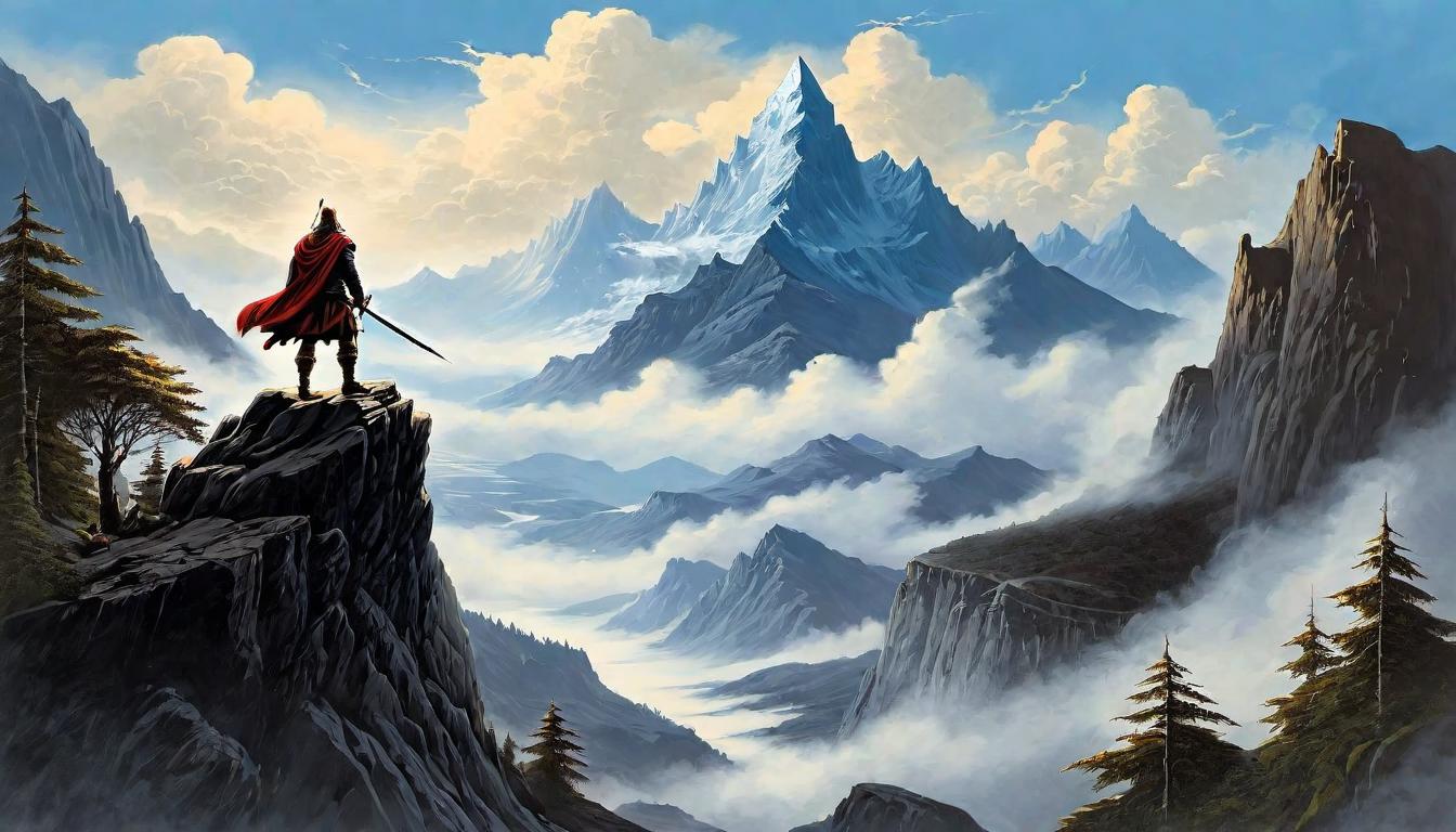  （surrealism)A proud figure standing upon a peak, cape billowing in the wind, bright sky, mountain range fades in the background, strength, valor, triumph mystic, intricate details, best quality)