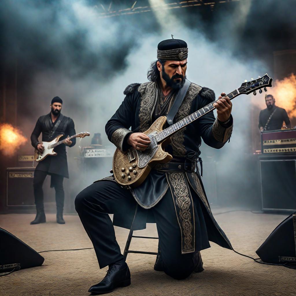  Medieval Turkish man playing electric guitar in a heavy metal band hyperrealistic, full body, detailed clothing, highly detailed, cinematic lighting, stunningly beautiful, intricate, sharp focus, f/1. 8, 85mm, (centered image composition), (professionally color graded), ((bright soft diffused light)), volumetric fog, trending on instagram, trending on tumblr, HDR 4K, 8K