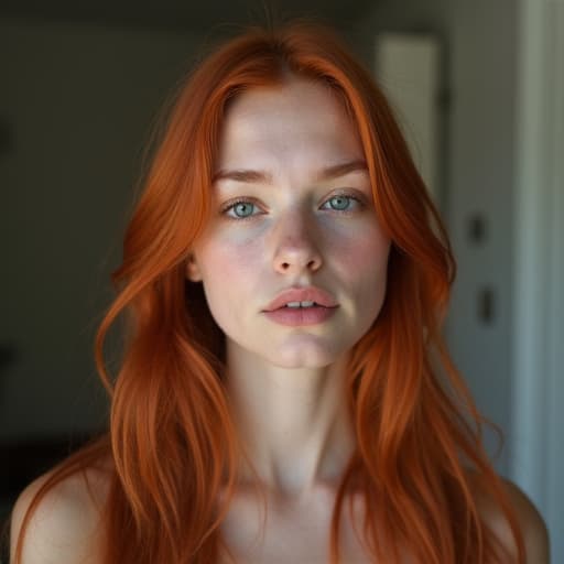  upper body, (small lips), cute next door neighbour, natural face, (21yo) woman with red hair, straight hair,, (ugly face:1.5), (average face:1.3)