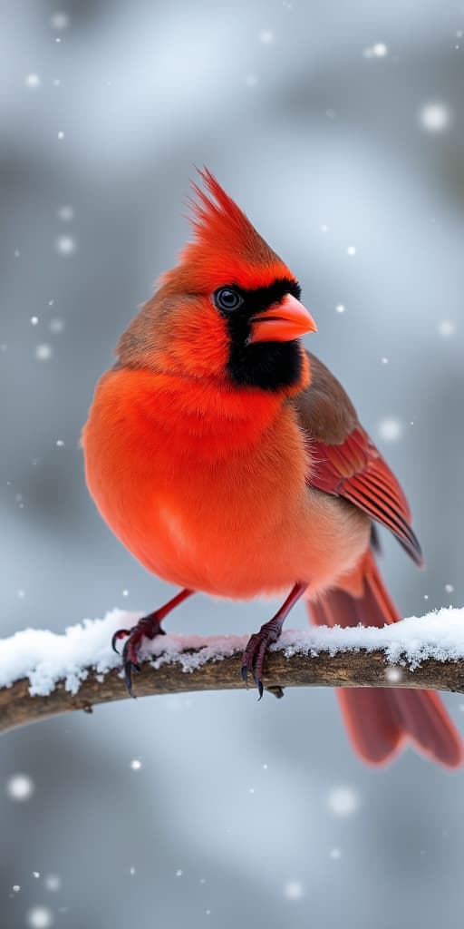  good quality, high quality, a red cardinal perched on a snowy branch, its feathers standing out against the wintry background.