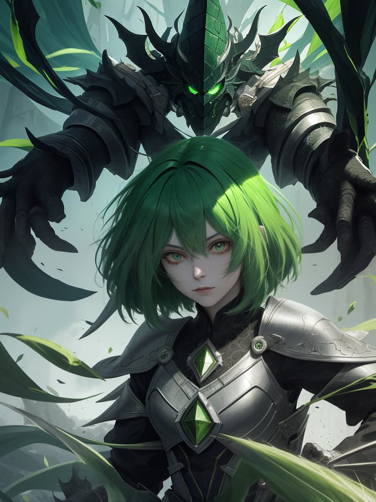  Green hair character dark shadow, masterpiece, best quality,8k,ultra detailed,high resolution,an extremely delicate and beautiful,hyper detail