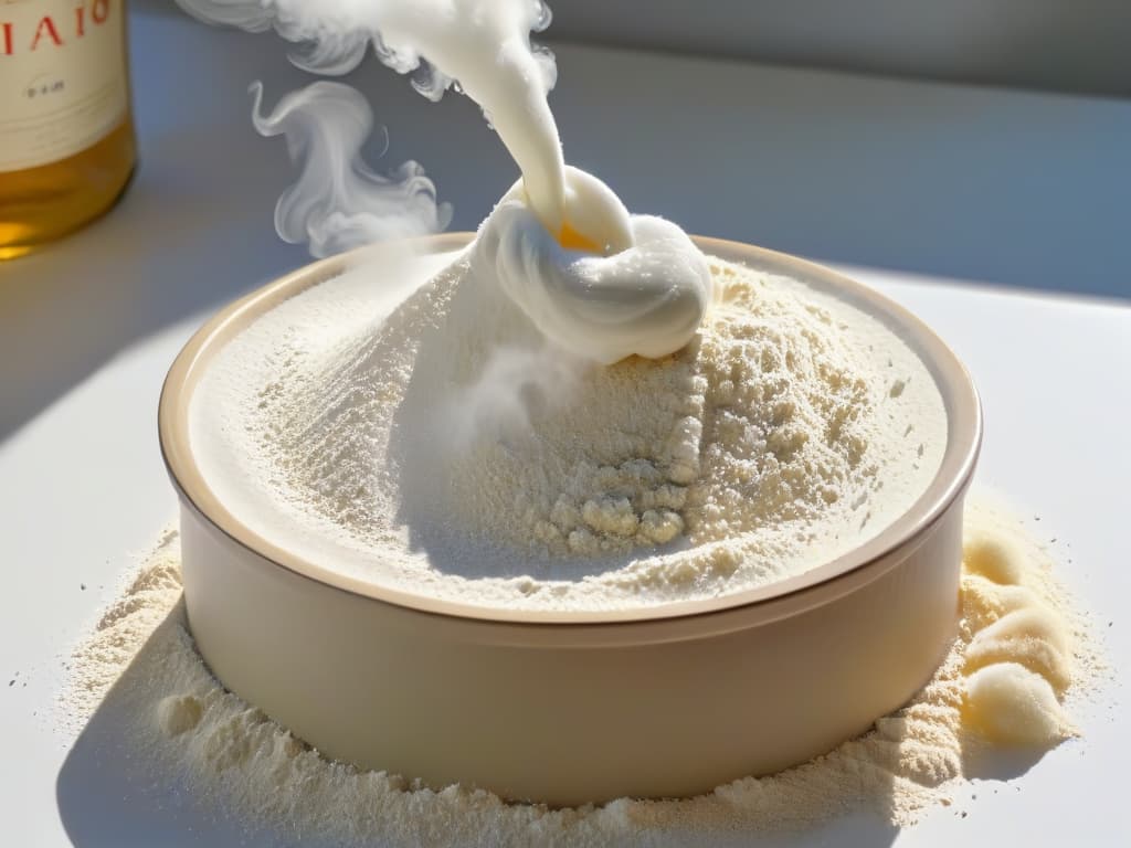  An ultradetailed closeup image of a glutenfree flour blend being sifted through a fine mesh sieve, capturing the fine powdery texture cascading down in a soft cloud, with the individual particles suspended in midair, catching the light to showcase their delicate nature. The flour appears pure white against the blurred background, emphasizing its fine quality and the care taken in its preparation. hyperrealistic, full body, detailed clothing, highly detailed, cinematic lighting, stunningly beautiful, intricate, sharp focus, f/1. 8, 85mm, (centered image composition), (professionally color graded), ((bright soft diffused light)), volumetric fog, trending on instagram, trending on tumblr, HDR 4K, 8K