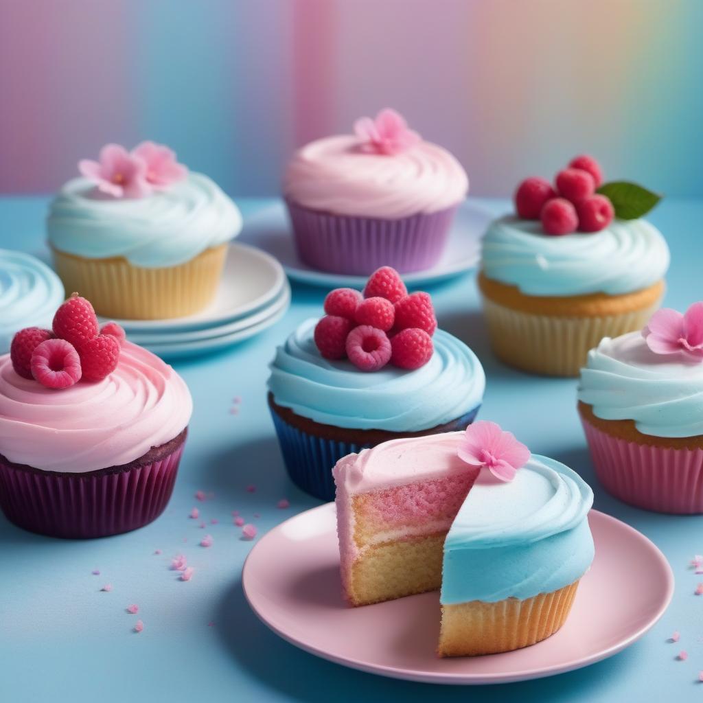  Gillespie algorythm, blue and pink cakes close up esthetics, Kodak,, atmospheric, sensual, soft rainbow blur kitchen background