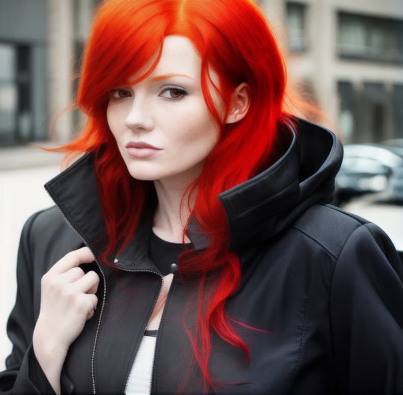  Woman with red hair and a black jacket