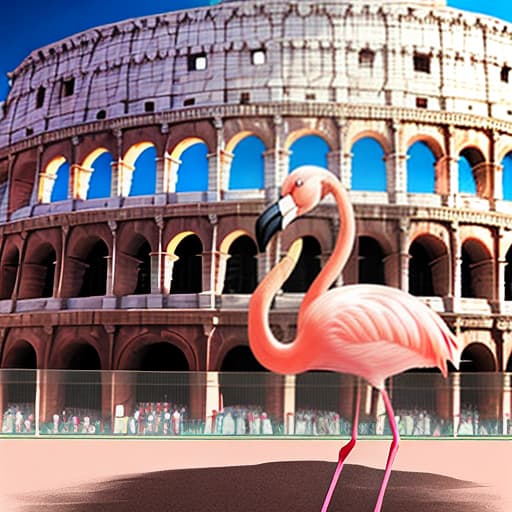  A whimsical illustration of a flamingo playing a guitar in front of the Colosseum in Rome