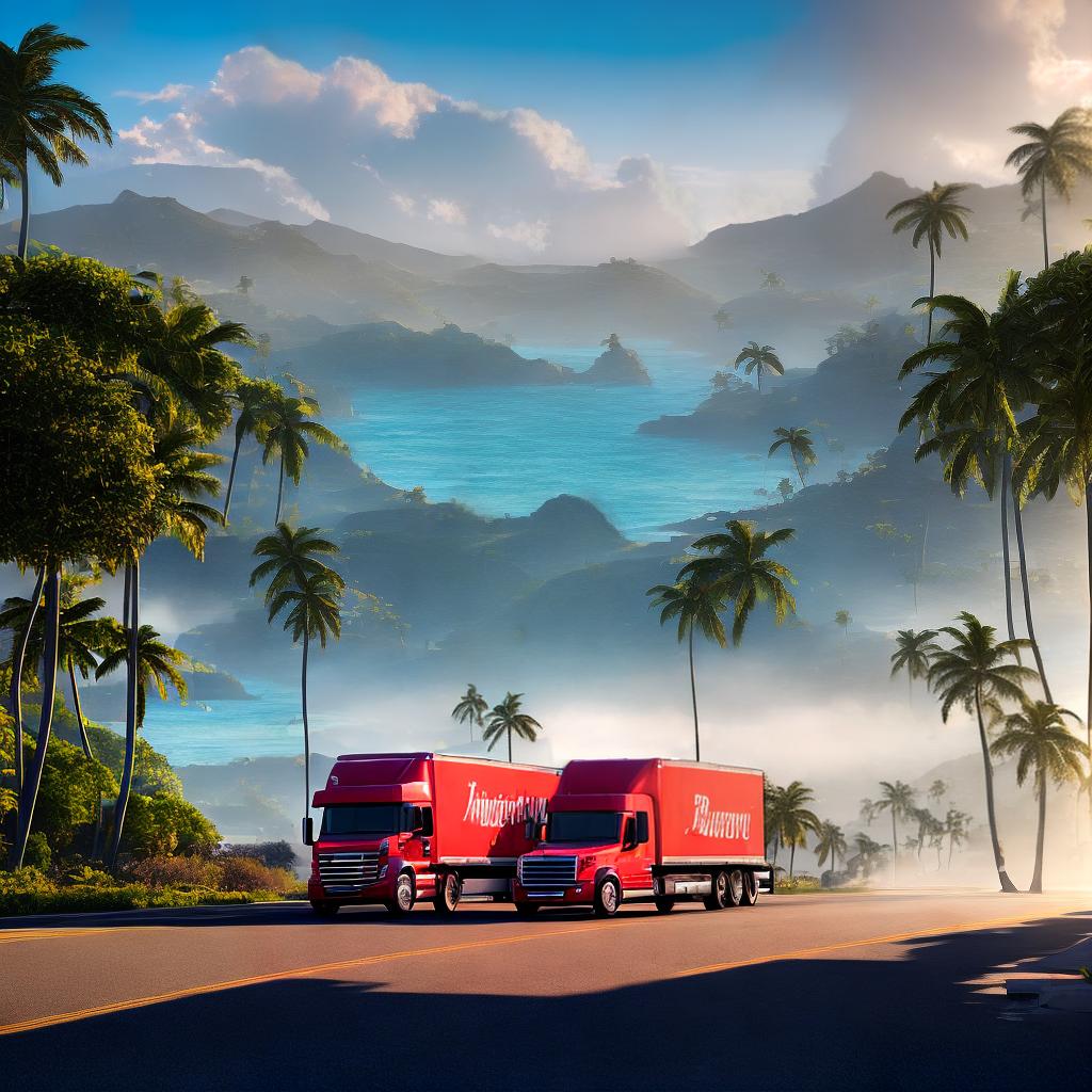  ((masterpiece)),(((best quality))), 8k, high detailed, ultra-detailed. A digital out of home marketing campaign for a Hawaiian moving company specializing in interisland moving. The main subject of the scene is a moving truck driving along a scenic coastal road. The main elements of the scene include a vibrant sunset sky with shades of orange and pink, palm trees swaying in the breeze, a clear turquoise ocean, a company logo displayed prominently on the truck, and a happy family waving from the truck's window. hyperrealistic, full body, detailed clothing, highly detailed, cinematic lighting, stunningly beautiful, intricate, sharp focus, f/1. 8, 85mm, (centered image composition), (professionally color graded), ((bright soft diffused light)), volumetric fog, trending on instagram, trending on tumblr, HDR 4K, 8K