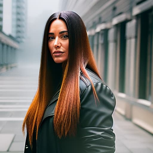  A woman with long hair and a black jacket is looking at the camera. Apply the Following Styles Dystopian Art hyperrealistic, full body, detailed clothing, highly detailed, cinematic lighting, stunningly beautiful, intricate, sharp focus, f/1. 8, 85mm, (centered image composition), (professionally color graded), ((bright soft diffused light)), volumetric fog, trending on instagram, trending on tumblr, HDR 4K, 8K