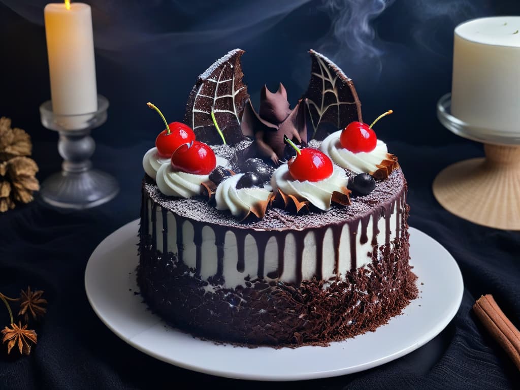  An intricately designed black forest cake, adorned with delicate white chocolate spirals resembling cobwebs, bloodred cherry filling peeking out from between the layers, and a dark chocolate bat perched on top, all set against a moody backdrop of swirling fog and dimly lit Gothic architecture. hyperrealistic, full body, detailed clothing, highly detailed, cinematic lighting, stunningly beautiful, intricate, sharp focus, f/1. 8, 85mm, (centered image composition), (professionally color graded), ((bright soft diffused light)), volumetric fog, trending on instagram, trending on tumblr, HDR 4K, 8K