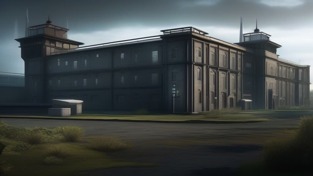  Grimstone penitentiary/Asylum, with two massive towers were male and female inmates reside, massive prison yard with hi tech security outpost, futuristic, dark,sci-fi theme., ((masterpiece)), best quality, very detailed, high resolution, sharp, sharp image, extremely detailed, 4k, 8k