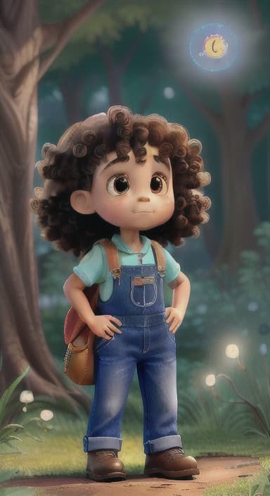  {The tree shining brightly and releasing a gentle, magical light., Riley, a curious with big brown eyes and curly hair, wearing overalls and carrying a small backpack. Their friend, Skye, a bluebird with shiny feathers.