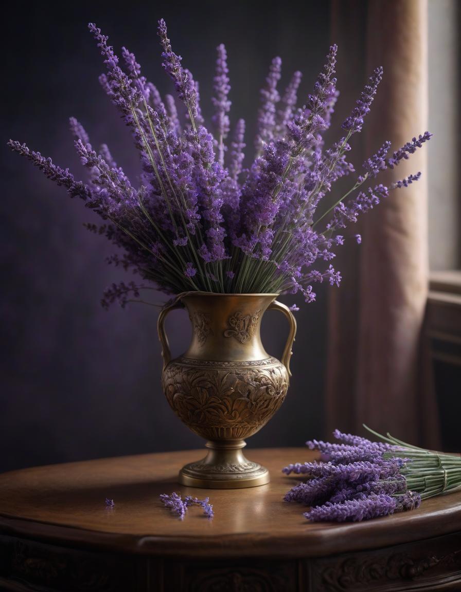  cinematic film still Still life, masterpiece, oil painting, a bright bouquet of lavender in a beautiful antique bronze vase. Elegant, rich, and expensive, studio photo, bright light, saturated colors of the photo, contrastive photo. . shallow depth of field, vignette, highly detailed, high budget, bokeh, cinemascope, moody, epic, gorgeous, film grain, grainy hyperrealistic, full body, detailed clothing, highly detailed, cinematic lighting, stunningly beautiful, intricate, sharp focus, f/1. 8, 85mm, (centered image composition), (professionally color graded), ((bright soft diffused light)), volumetric fog, trending on instagram, trending on tumblr, HDR 4K, 8K