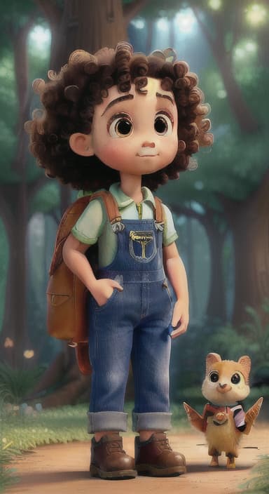  {The tree shining brightly and releasing a gentle, magical light., Riley, a curious with big brown eyes and curly hair, wearing overalls and carrying a small backpack. Their friend, Skye, a bluebird with shiny feathers.