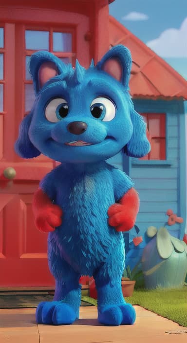  {Max the big blue dog standing in front of a cozy little house with a red door, The big blue dog is large with sky blue fur, big round eyes, a black nose, and floppy ears.