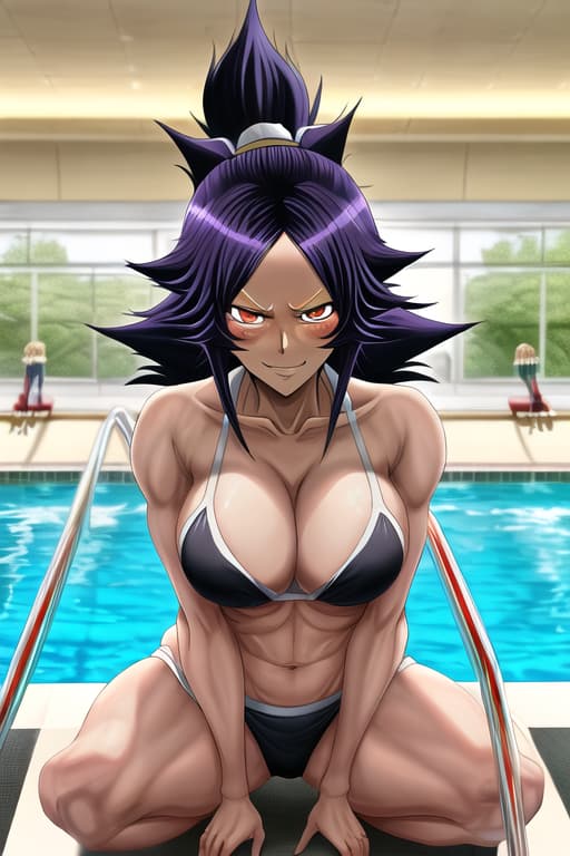  (Yoruichi bleach:1.2), (masterpiece), (highest quality), (intricate), (high detail),women at pool, competition, black, masterpiece, best quality, high quality, solo