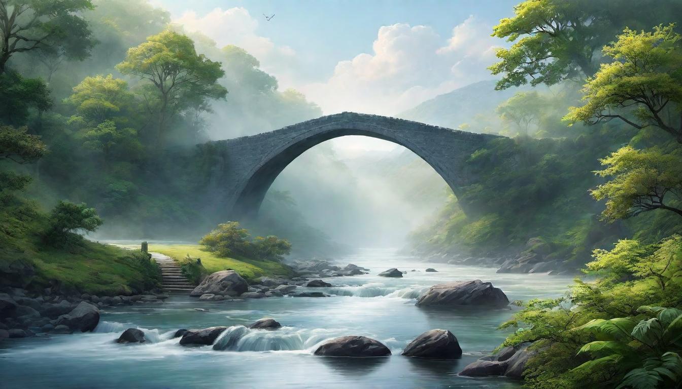  digital illustration, A natural arch bridge over a tranquil river, early morning mist blurring the edges, symbolizing harmony with the environment, transition, ethereal blending, serene resonance, looking at viewer, dynamic pose, (intricate details, masterpiece, best quality)