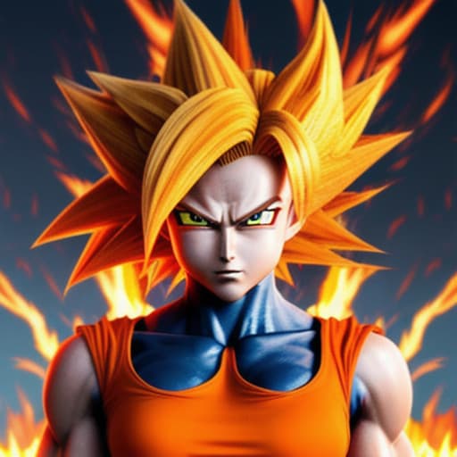  Female super sayan, red goku kostüm. Perfekt body. Sayan hair, fire eyes, fire hands, dead planet burn. 4k