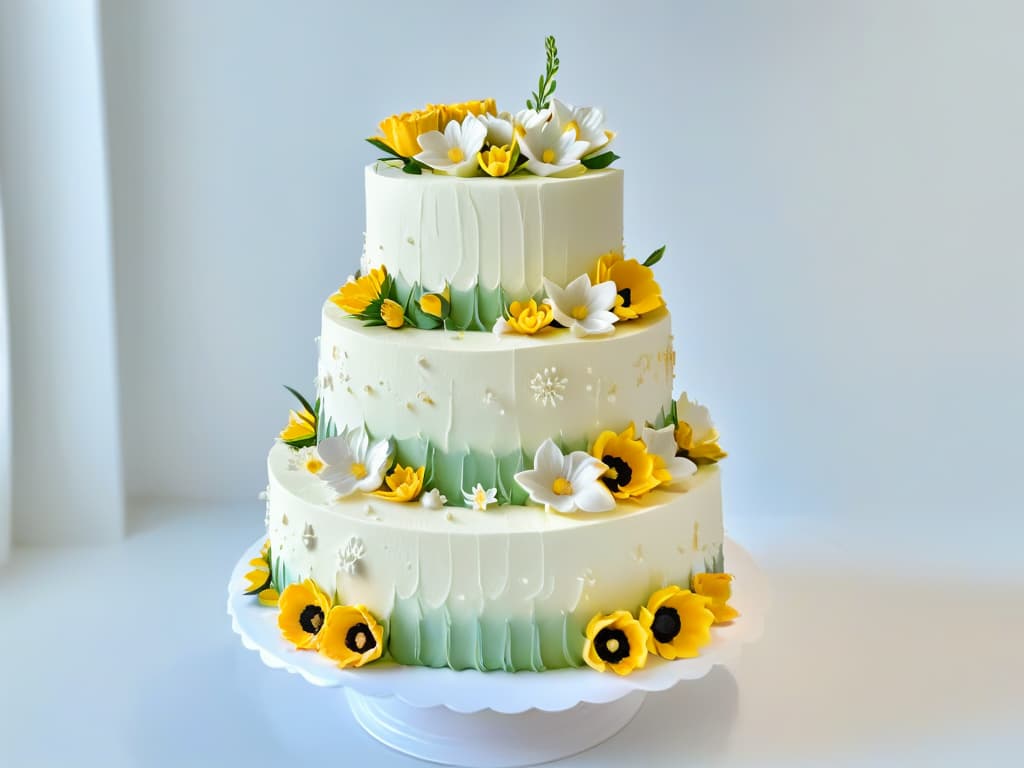  An ultradetailed photorealistic image of a beautifully decorated threetier cake, featuring intricate fondant decorations in the shape of flowers, delicate piping work, and shimmering edible gold accents. The cake is displayed on a pristine white cake stand against a soft, blurred background that highlights the intricate details of the design. hyperrealistic, full body, detailed clothing, highly detailed, cinematic lighting, stunningly beautiful, intricate, sharp focus, f/1. 8, 85mm, (centered image composition), (professionally color graded), ((bright soft diffused light)), volumetric fog, trending on instagram, trending on tumblr, HDR 4K, 8K