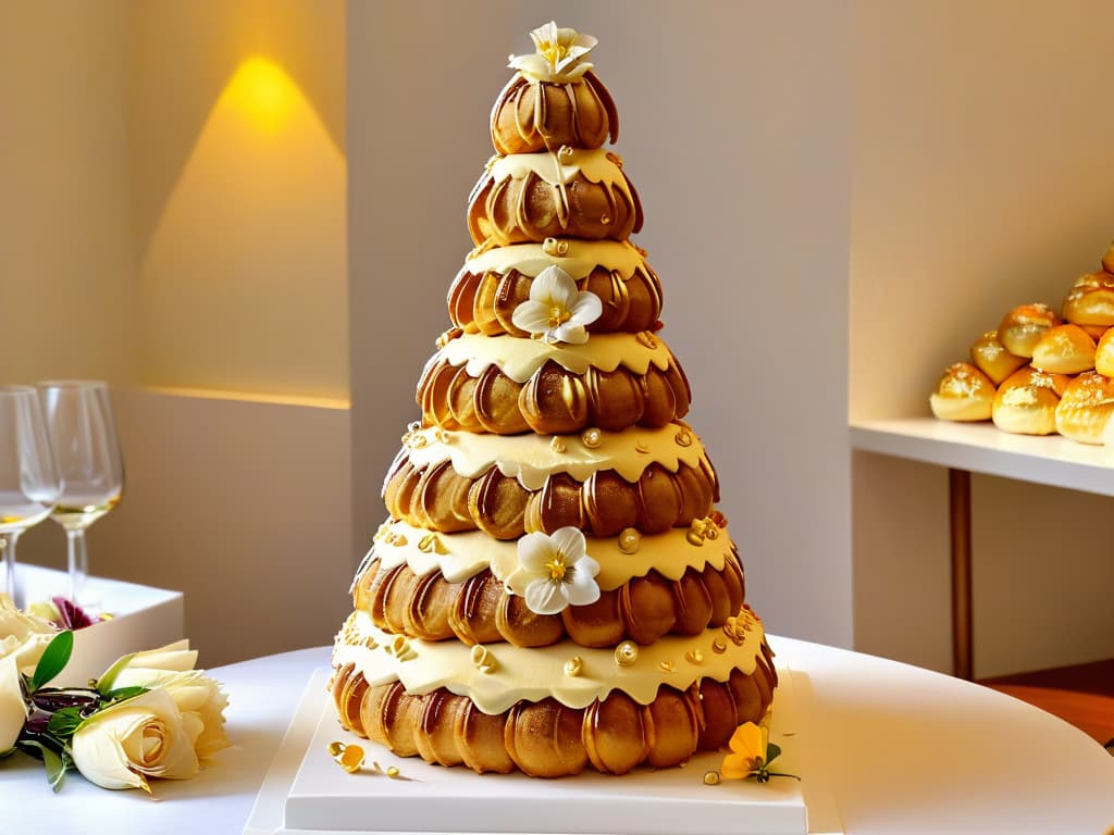  A minimalist, ultradetailed image of a traditional French croquembouche wedding cake, meticulously crafted with delicate creamfilled profiteroles piled high in a conical shape and elegantly decorated with spun sugar threads, edible flowers, and gold leaf accents. The intricate layers of the choux pastry balls are perfectly golden, emitting a subtle sheen under soft, natural lighting that highlights the fine craftsmanship and attention to detail. The background is a simple, clean surface that allows the exquisite dessert to stand out as a symbol of elegance and celebration in wedding traditions around the world. hyperrealistic, full body, detailed clothing, highly detailed, cinematic lighting, stunningly beautiful, intricate, sharp focus, f/1. 8, 85mm, (centered image composition), (professionally color graded), ((bright soft diffused light)), volumetric fog, trending on instagram, trending on tumblr, HDR 4K, 8K