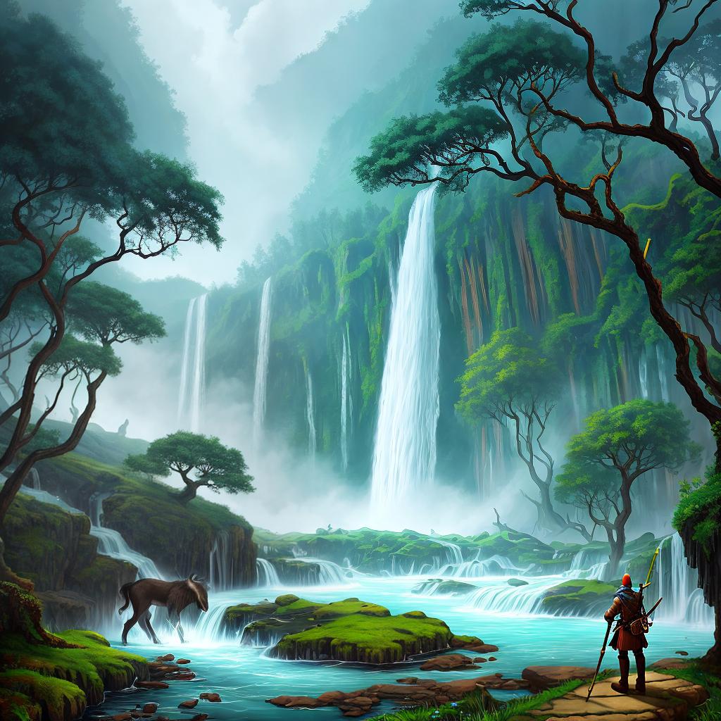  in a fantasy setting, Paint a surreal landscape where mythical beasts roam amidst cascading waterfalls.